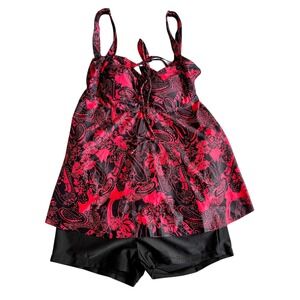 Tankini Swimsuit XL Red Black Paisley Swim Dress Two Piece Bathing Suit